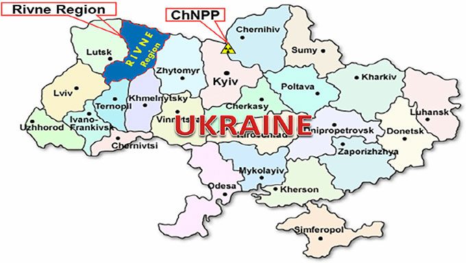 Mapa de Ucrania con Rivne y Chernóbil. Fuente Environment International
