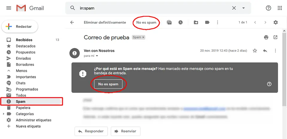 Opción No es spam de Gmail para permitir que los comunicados de Ven Con Nosotros lleguen a la bandeja de entrada