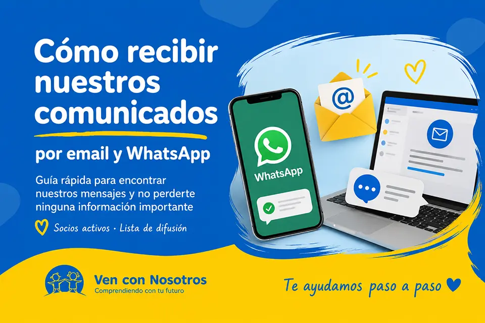 Portada de la guía para recibir los comunicados de Ven Con Nosotros por email y WhatsApp